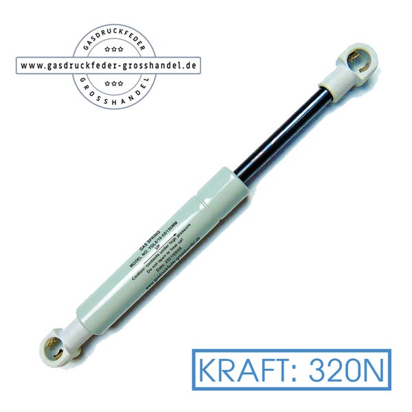 Gasdruckfeder mit 320 Newton Kraft, Metallzylinder mit Kolbenstange und Kugelpfannen, Gasdruckfeder Grosshandel Logo.
