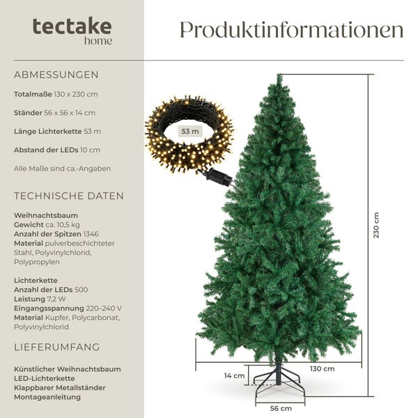 Künstlicher Weihnachtsbaum 230 Zentimeter mit LED Lichterkette 53 Meter und Ständer mit technischen Produktdaten und Abmessungen von Tectake Logo