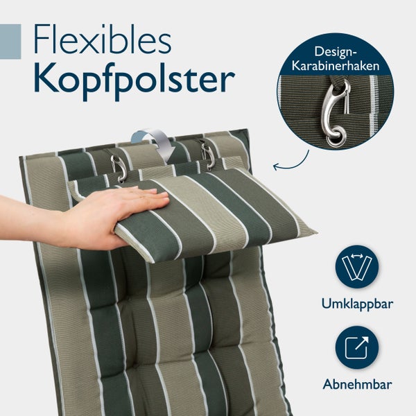 Gepolsterte Gartenstuhlauflage mit flexiblem Kopfpolster und Karabinerhaken zur Befestigung