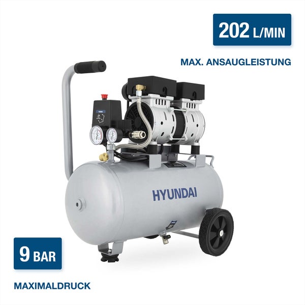 Hyundai Kompressor mit 202 Litern pro Minute maximaler Ansaugleistung und 9 bar Maximaldruck, auf Rädern mit Griff.