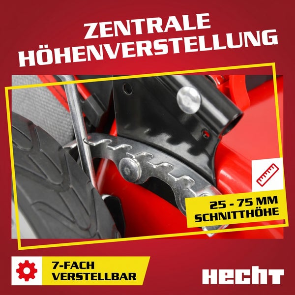 Zentrale Höhenverstellung eines Rasenmähers, siebenfach verstellbar von 25 bis 75 Millimeter Schnitthöhe, Hecht Logo.
