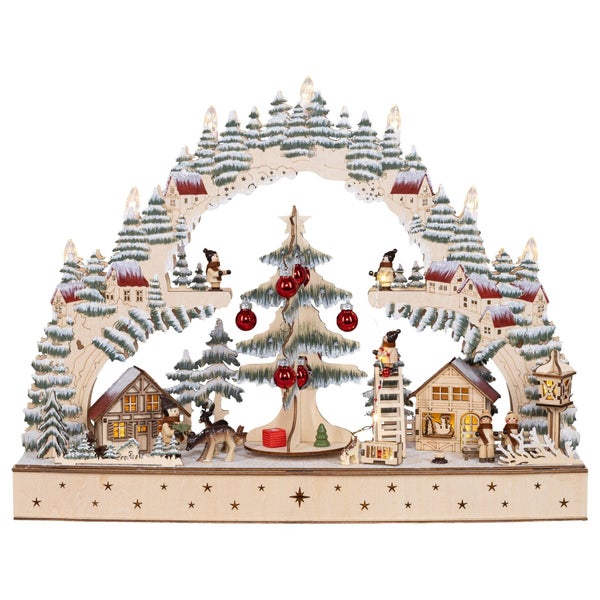 Weihnachtsschwibbogen aus Holz mit LED-Beleuchtung, Weihnachtsbaum, Figuren und winterlicher Waldszene als festliche Tischdekoration.