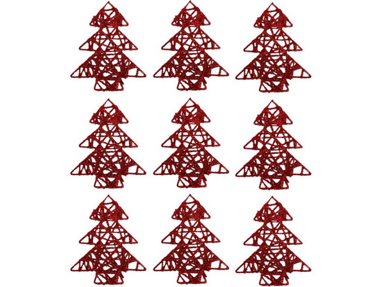 Neun flache Tannenbaum Anhänger mit glitzernder Netzstruktur für die Weihnachtsdekoration
