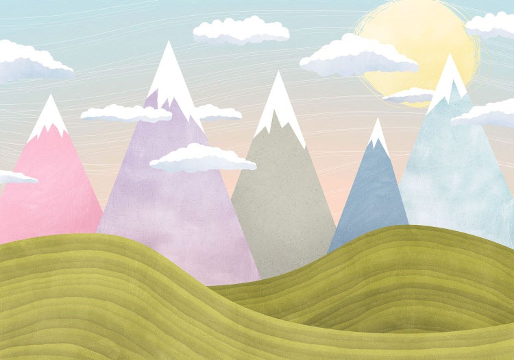 Illustration mit Bergen, Wolken und Sonne