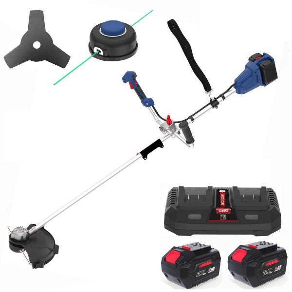 Güde Akku-Freischneider Set inklusive zwei 18 Volt Akkus, Doppel-Ladegerät, 3-Zahn-Messer und Fadenspule.
