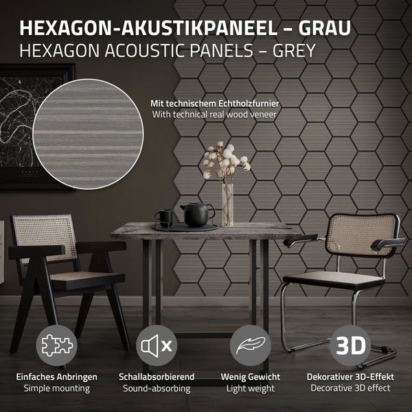 ML-Design 2er Set Akustikpaneele 66x81x2cm für 1m² – Grau, MDF Akustikplatten in Hexagon-Holzoptik, Wandpaneele zur Schalldämmung, Wandverkleidung für Büro, Studio, Schallschutz & Akustikbehandlung