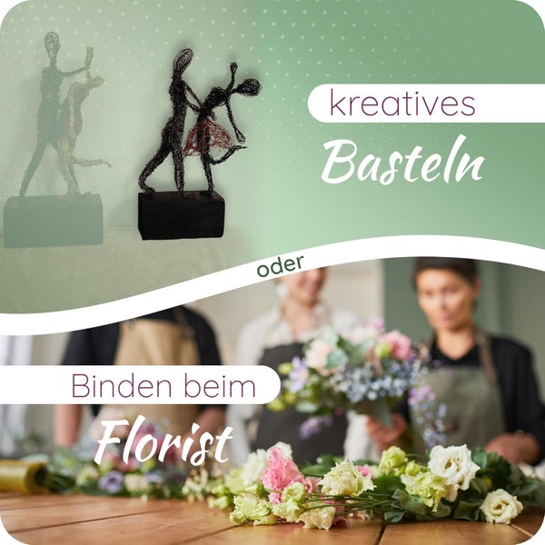 Anwendungsbeispiele für Basteldraht beim Erstellen einer Skulptur und Floristikdraht beim Binden von Blumensträußen durch einen Floristen.