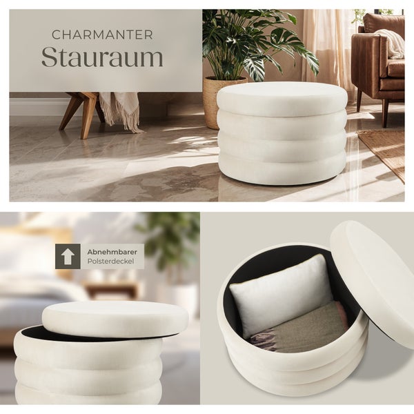 Sitzhocker mit Stauraum tectake Altu XL 67 x 42 cm rund Samtoptik creme-weiß