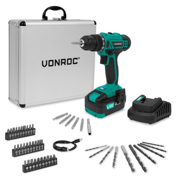 VONROC Akkumulator-Bohrschrauber Set inklusive Akkumulator, Ladegerät, Transportkoffer mit VONROC Logo sowie Bohrern und Bits.