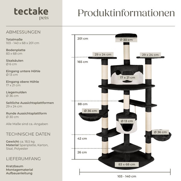 Kratzbaum tectake Fippi inklusive Spielkordel und Kippschutz 201 cm schwarz/weiß