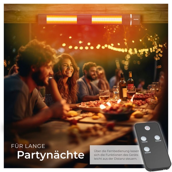 Szene mit einer Gruppe von Menschen, die unter einem Heizstrahler von tectake im Freien an einem Tisch sitzen und essen, mit einer Fernbedienung im Vordergrund.