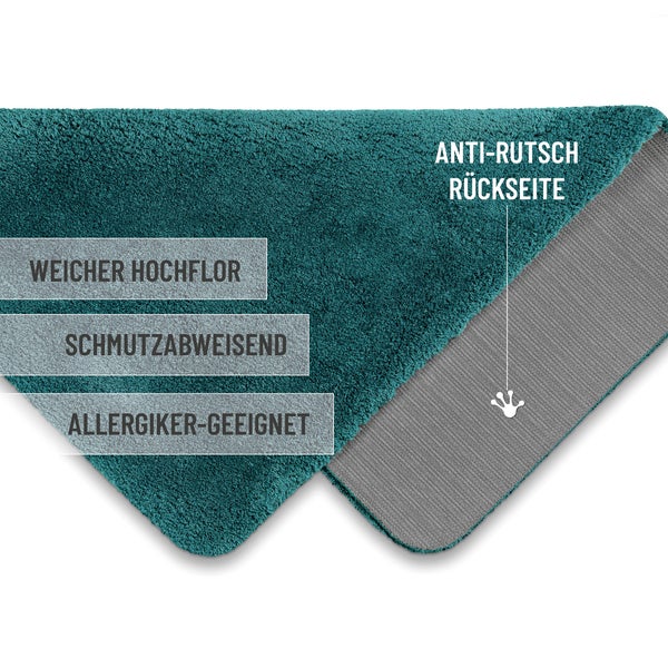 Badematte mit weichem Hochflor, schmutzabweisender Oberfläche, Eignung für Allergiker und rutschfester Rückseite.