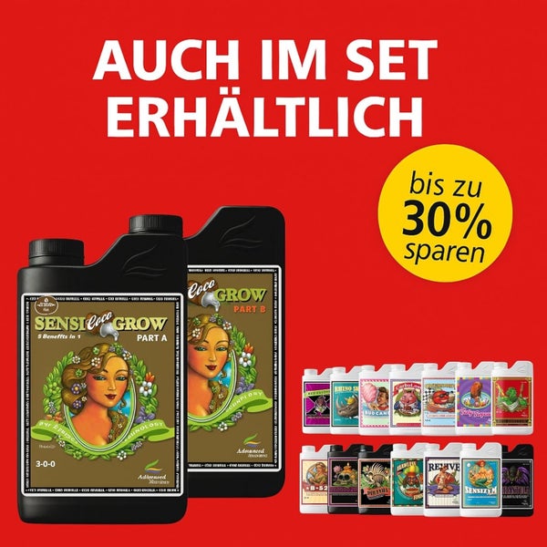 Advanced Nutrients Pflanzennährstoff-Set mit Sensi Coco Grow Teil A und Teil B sowie Zusätzen. Ersparnis von bis zu 30 Prozent im Set.