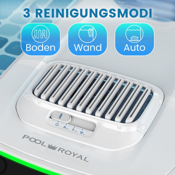 Pool Royal Logo auf einem Poolroboter mit drei Reinigungsmodi für Boden, Wand und Automatikbetrieb. Detailansicht des Bedienfelds mit Schalter.