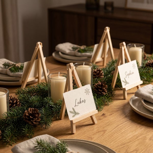 Festlich gedeckter Holztisch mit Miniatur-Holzstaffeleien als Tischkartenhalter, dekoriert mit Tannenzweigen, Kiefernzapfen und Stumpenkerzen.