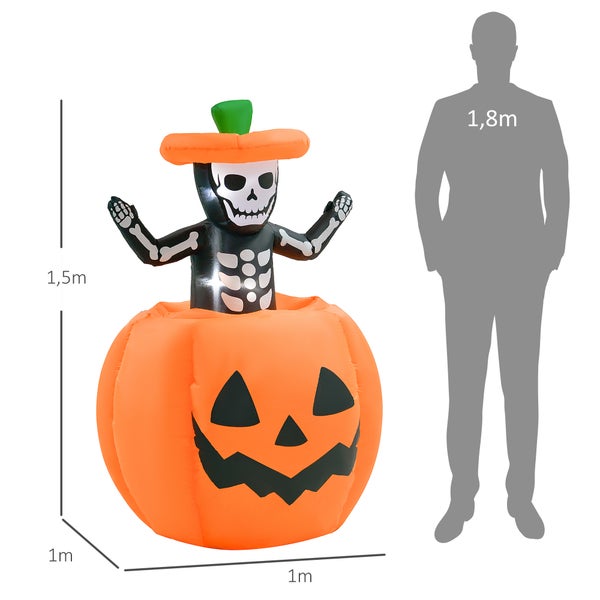 Outsunny 150 cm Aufblasbar Halloween Kürbis mit Skelett Halloweendekorationen Halloween Deko Helloween-Gartendeko mit LED Lichter Wasserdicht Indoor Outdoor Halloween Party