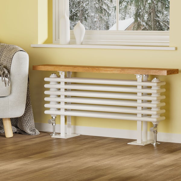 EMKE Designheizkörper mit Holzablage, Heizkörper mit Warmwasserbetrieb, horizontal, 674 Watt, 100 cm x 48 cm, Weiß