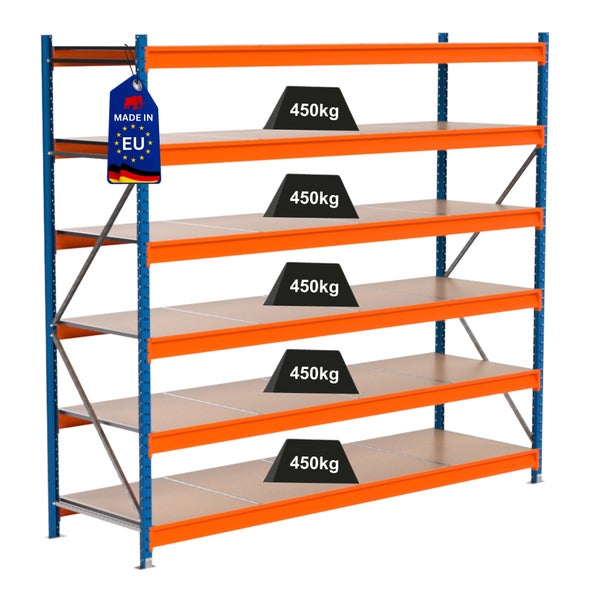 Lagerregal mit fünf Ebenen und einer maximalen Belastbarkeit von 450 Kilogramm pro Ebene, versehen mit dem Made in EU Siegel