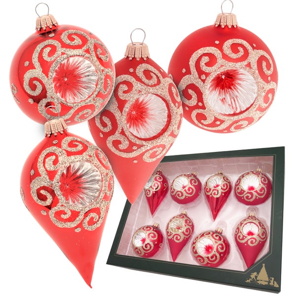 Reflex Kugeln & Tropfen Swirl, Rot Satin/Glanz & Silber, 7-10cm, 8 Stck., Weihnachtsbaumkugeln, Christbaumschmuck, Weihnachtsbaumanhänger