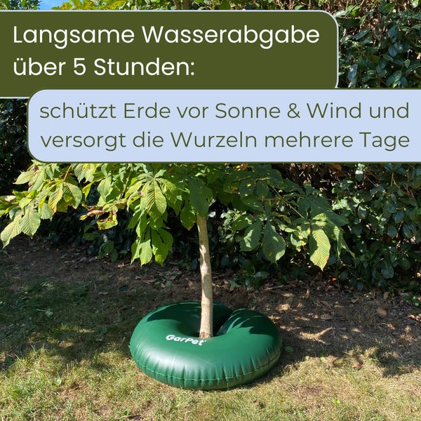 Bewässerungssack für Bäume: Stammumfang bis 15 Zentimeter, Materialstärke 400 Gramm pro Quadratmeter, Durchmesser 90 Zentimeter.