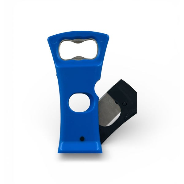 Blauer Flaschenöffner mit Klinge