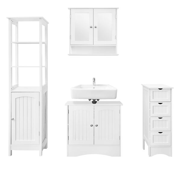 ML-Design Badmöbel-Set 4-teilig, Badezimmer Komplettset, Spiegelschrank, Waschtisch mit Unterschrank, Hochschrank, Hängeschrank, Badezimmerschrank, Badschrank, viel Stauraum, Landhausstil, Weiß, Holz