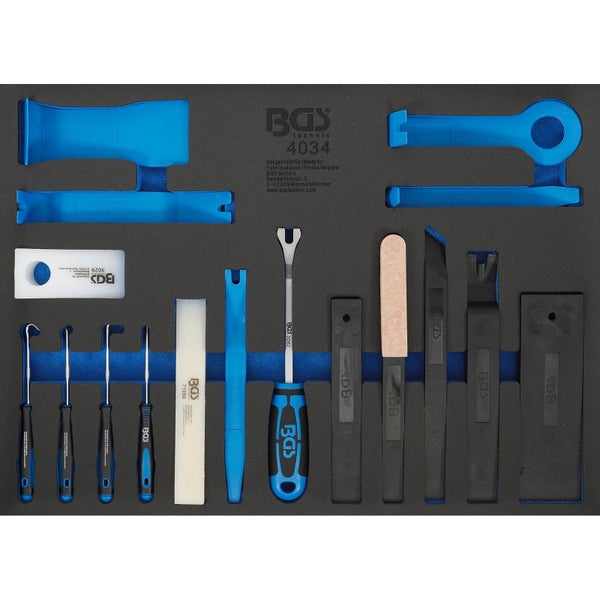 BGS Technic Werkzeugeinlage mit Demontage-Werkzeugen aus Kunststoff und Metall für Fahrzeuginnenverkleidungen in einer zweifarbigen Schaumstoffeinlage.