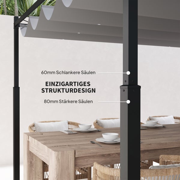 Pergola Detailansicht der Pfosten mit 60 Millimeter oberen und 80 Millimeter unteren Säulen sowie einzigartigem Strukturdesign.
