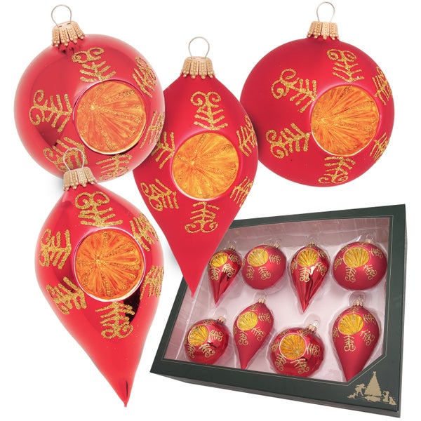 Reflex Kugeln & Tropfen Schneeflocke, Rot Satin/Glanz & Gold, 7-10cm, 8 Stck., Weihnachtsbaumkugeln, Christbaumschmuck, Weihnachtsbaumanhänger