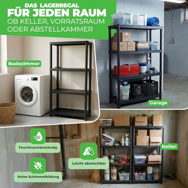 Schwarzes Kunststoffregal in Badezimmer, Garage und Keller, feuchtigkeitsbeständig, schimmelresistent und leicht zu reinigen.