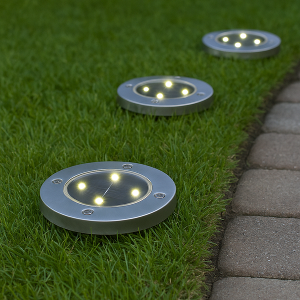 Drei runde Solarleuchten aus Metall im Rasen neben einem Pflasterweg.