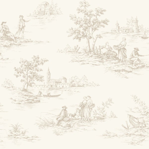 Vliestapete mit Toile-de-Jouy-Muster, historische ländliche Szenen mit Personen und Gebäuden in klassischem Design.