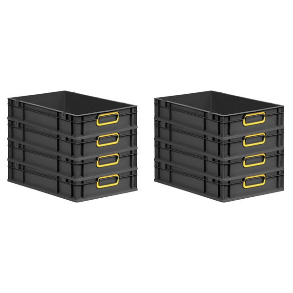 PROREGAL SuperSparSet 8x Eurobox NextGen Color, HxBxT 12x40x60cm, 23 Liter, Griffe gelb geschlossen, Schwarz, Eurobehälter, Transportbox, Transportbehälter, Stapelbehälter