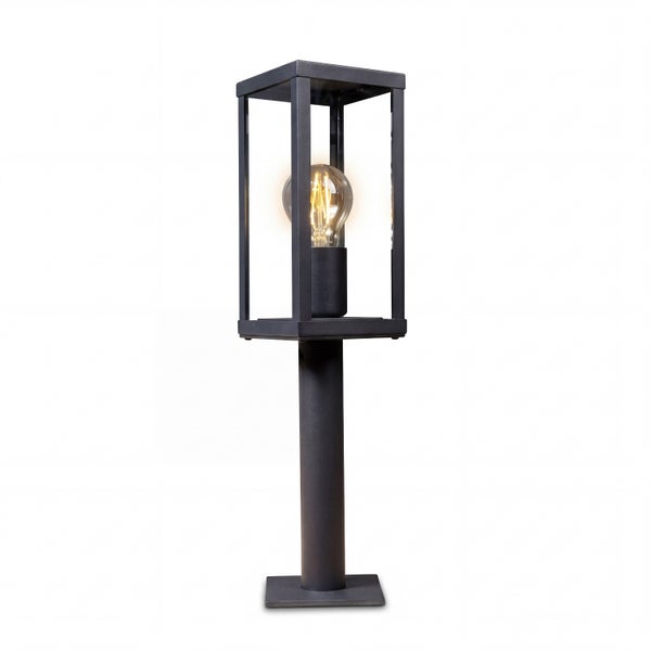 Moderne anthrazitfarbene Sockelleuchte mit rechteckigem Laternenkopf aus Glas und sichtbarem Filament Leuchtmittel.