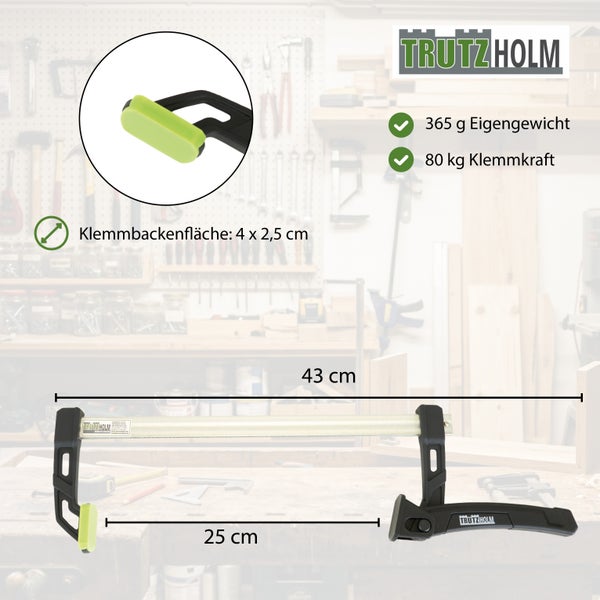Trutzholm Einhandzwinge, Länge 43 Zentimeter, Spannweite 25 Zentimeter, 80 Kilogramm Klemmkraft, Fläche 4 mal 2,5 Zentimeter und Trutzholm Logo.