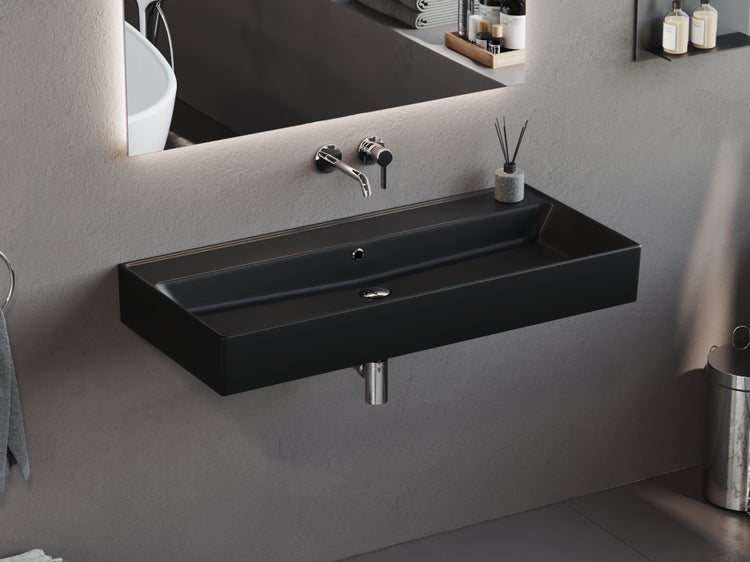 Schwarzes Aufsatzwaschbecken im modernen Badezimmer.