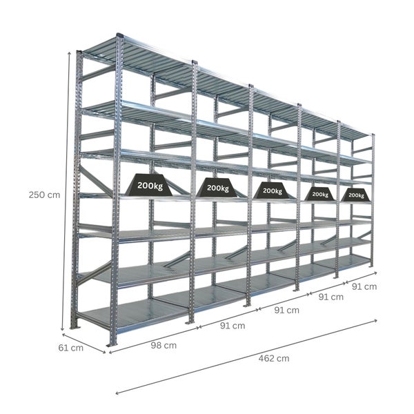 Regalsystem mit Abmessungen: 250 cm hoch, 462 cm breit und 61 cm tief