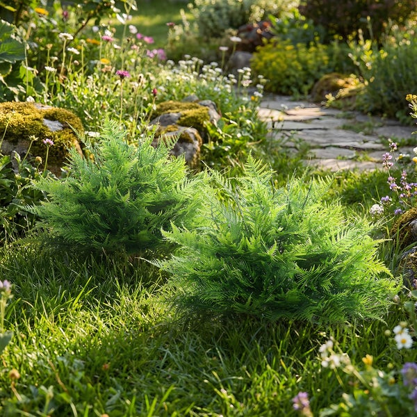 Zwei buschige grüne Farne in einem hellen Garten mit Steinpfad, moosbedeckten Steinen und Blumen im Hintergrund.