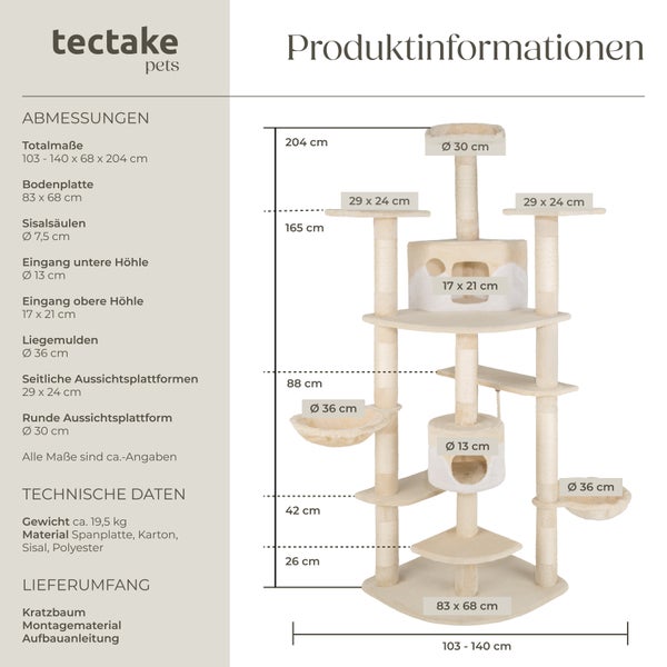 Kratzbaum tectake Nelly inklusive Spielkordel und Kippschutz 204 cm beige/weiß