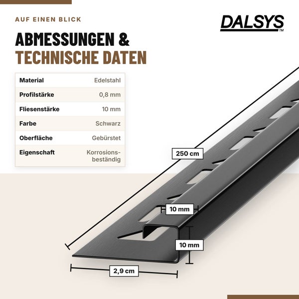 Technische Daten und Maße der Dalsys Fliesenschiene aus Edelstahl mit 250 cm Länge und 10 mm Fliesenstärke.