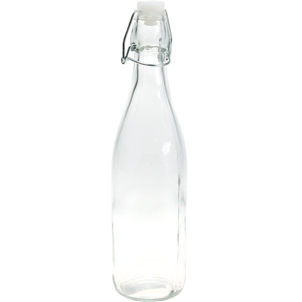 Transparente Glasflasche mit Bügelverschluss.