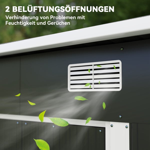 Zwei Belüftungsöffnungen zur Vermeidung von Feuchtigkeit und Gerüchen am Gerätehaus.