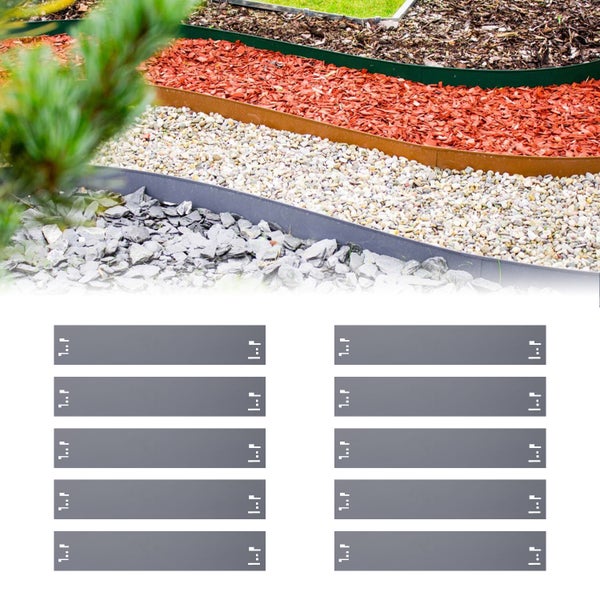 Garten Szene mit Rasenkanten und Dekoration, sowie Produktabbildung von Rasenkanten