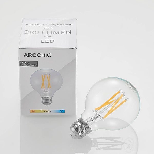 Arcchio LED Filament Leuchtmittel E27 mit 980 Lumen und 8 Watt in Warmweiß, 2700 Kelvin, Klarglas mit Verpackung.