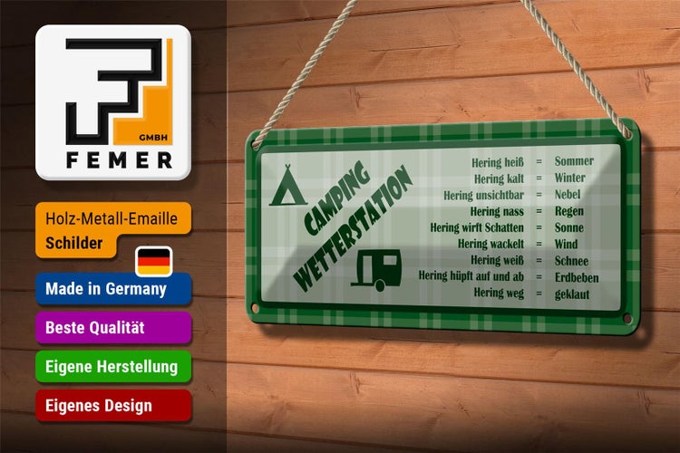 Blechschild Spruch 27x10cm Camping Wetterstation Campinganhänger
