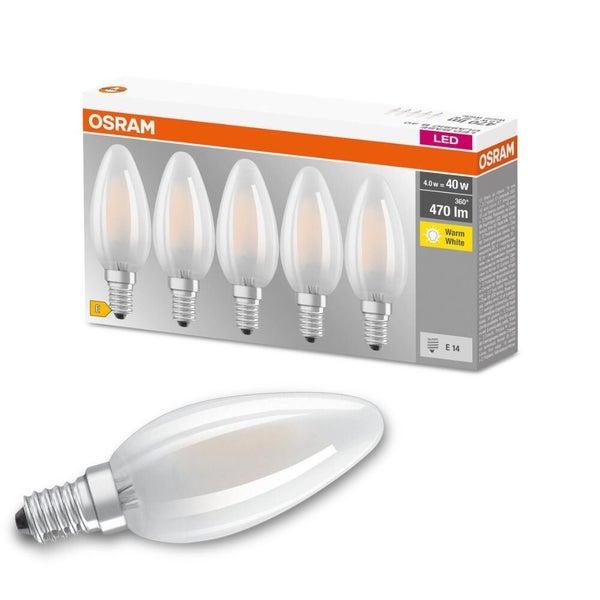 Osram LED Lampe ersetzt 40W E14 Kerze - B35 in Weiß 4W 470lm 2700K 5er Pack