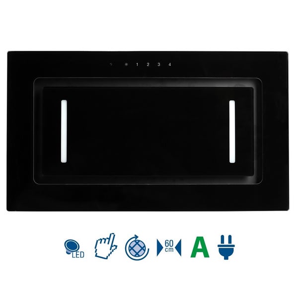 Schwarze Dunstabzugshaube 60 Zentimeter breit mit LED-Beleuchtung, Touch-Steuerung, Umluftbetrieb und Energieeffizienzklasse A.