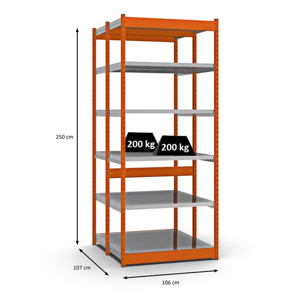 PROREGAL Fachbodenregal Stecksystem Vierkant-Profil Grundregal HxBxT 250 x 102,5 x 50 cm 2x6 Ebenen Doppelseitige Bauart Fachlast 200 kg Orange