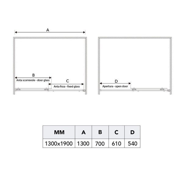 Technische Zeichnung einer Duschkabine mit Maßangaben