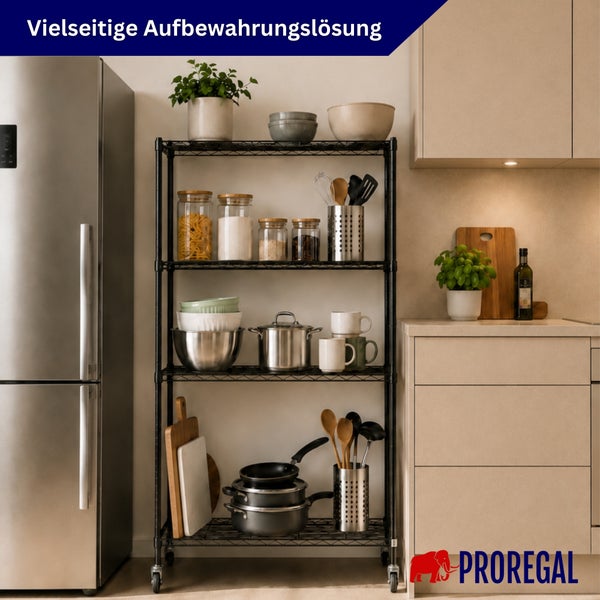 Schwarzes Metallregal auf Rollen in einer Küche mit Töpfen, Pfannen und Vorratsgläsern. PROREGAL Logo.